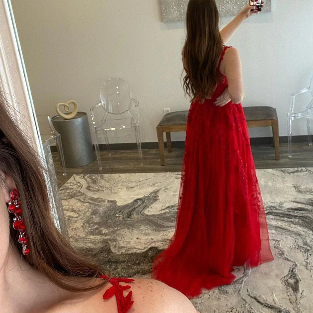 
                      
                        A Line V Neck Red Lace Tulle Long Prom Dresses with High Slit, Floor Length Red Lace Formal Graduation Evening Dresses 
                      
                    