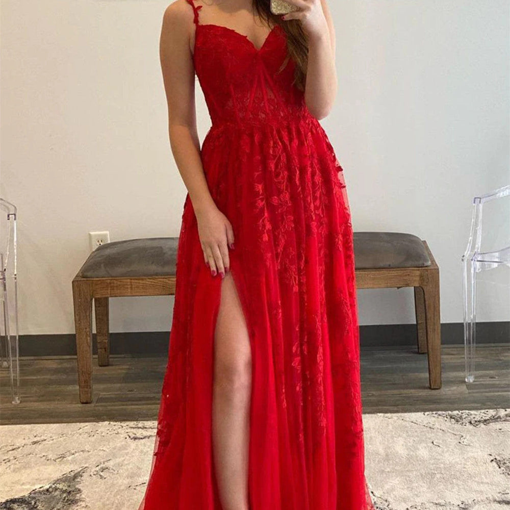 A Line V Neck Red Lace Tulle Long Prom Dresses with High Slit, Floor Length Red Lace Formal Graduation Evening Dresses 