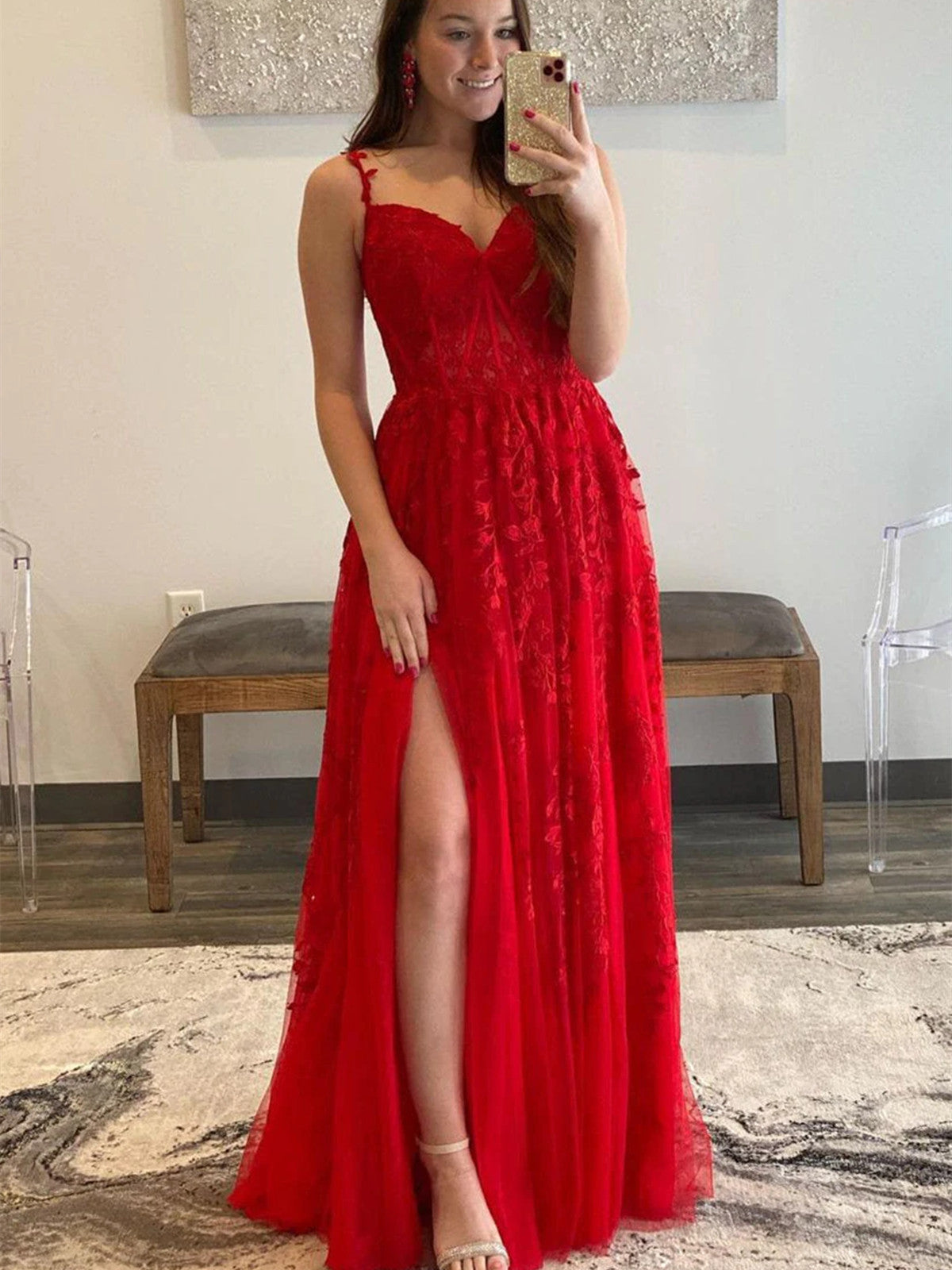 A Line V Neck Red Lace Tulle Long Prom Dresses with High Slit, Floor Length Red Lace Formal Graduation Evening Dresses 