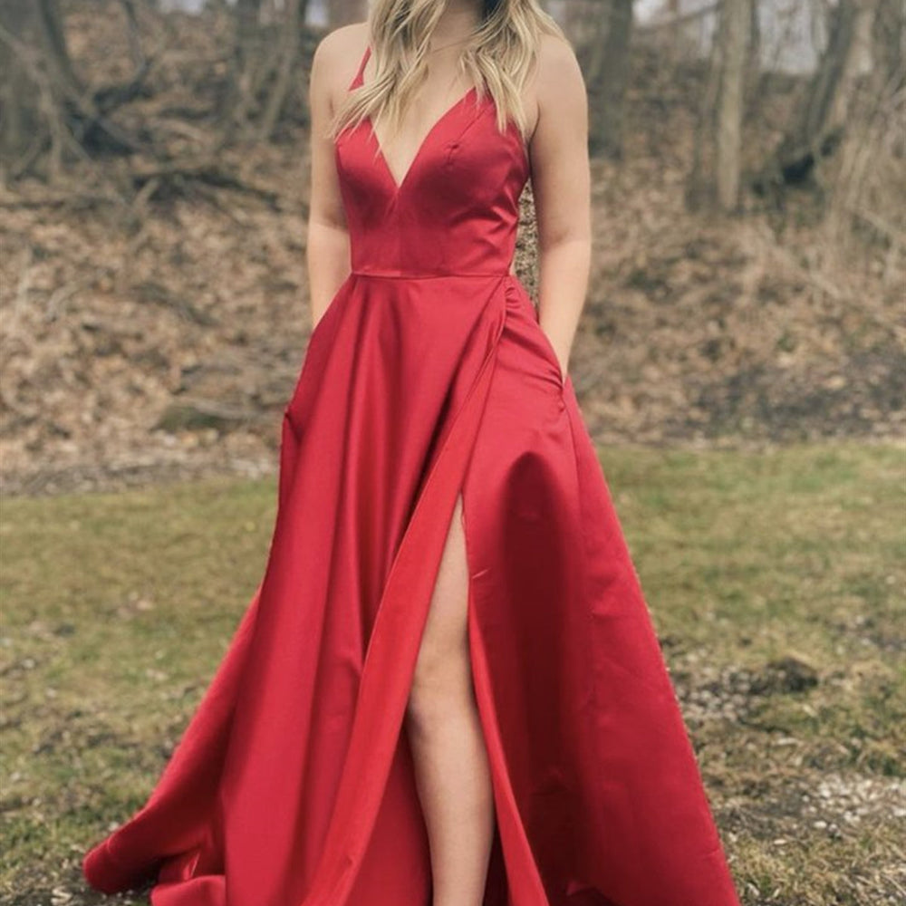 A Line V Neck Red Satin Long Prom Dresses with High Slit, Red Formal Graduation Evening Dresses with Pocket