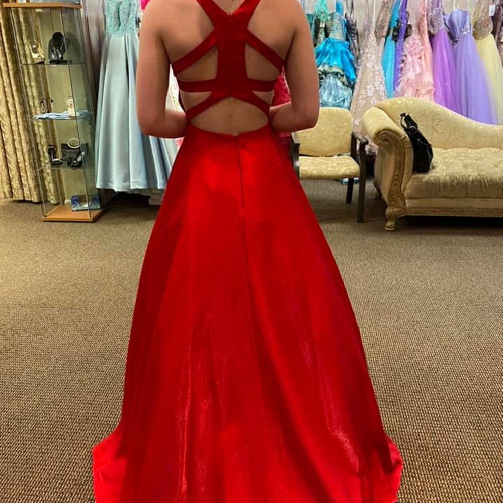 
                      
                        A Line V Neck Red Satin Long Prom Dresses with Pocket, V Neck Red Formal Graduation Evening Dresses 
                      
                    