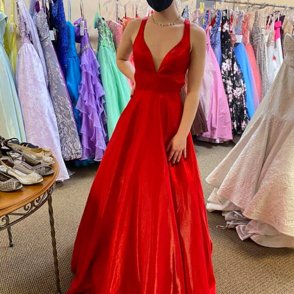 
                      
                        A Line V Neck Red Satin Long Prom Dresses with Pocket, V Neck Red Formal Graduation Evening Dresses 
                      
                    