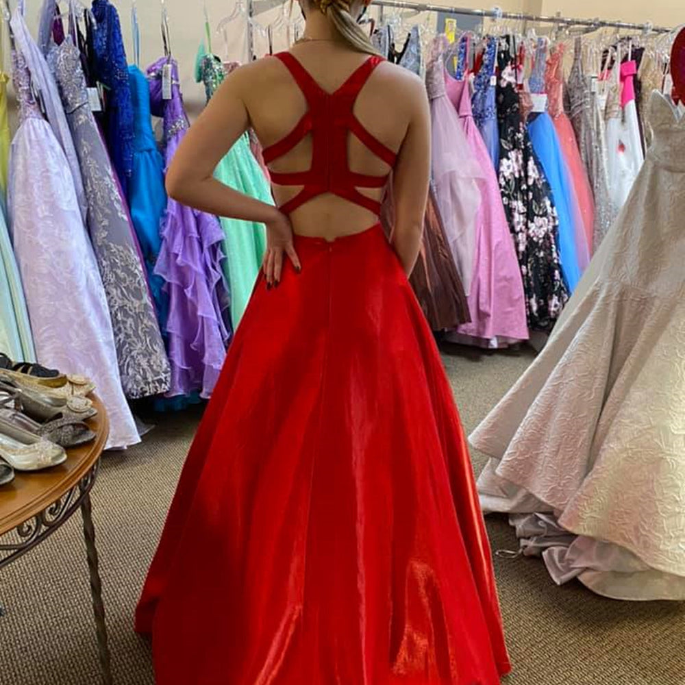 
                      
                        A Line V Neck Red Satin Long Prom Dresses with Pocket, V Neck Red Formal Graduation Evening Dresses 
                      
                    