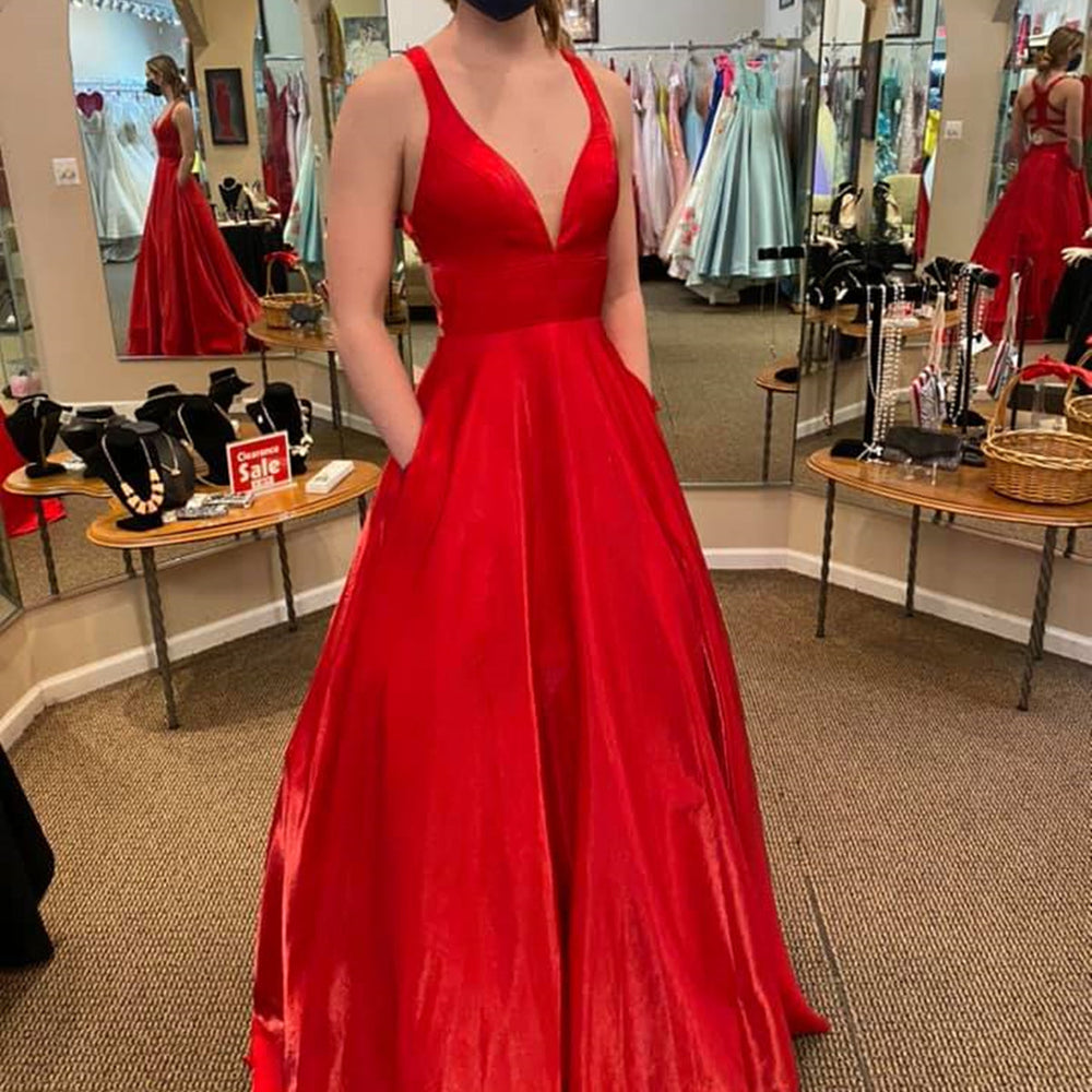 A Line V Neck Red Satin Long Prom Dresses with Pocket, V Neck Red Formal Graduation Evening Dresses 