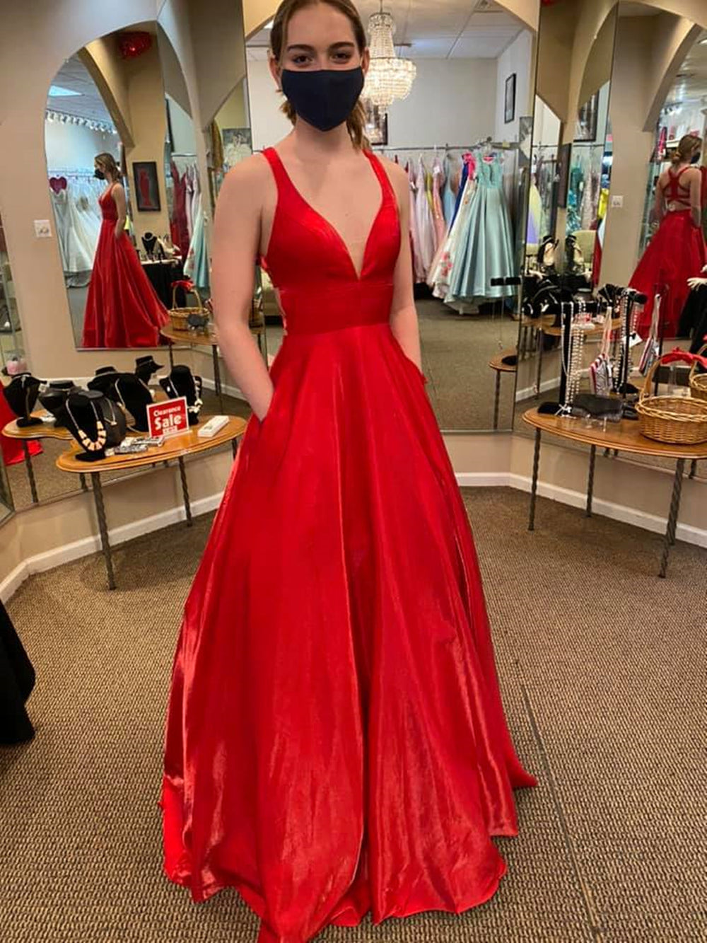 A Line V Neck Red Satin Long Prom Dresses with Pocket, V Neck Red Formal Graduation Evening Dresses 