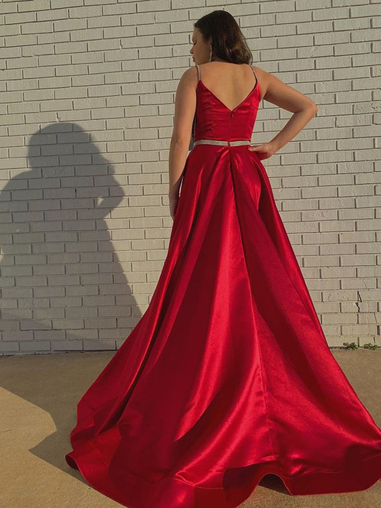 
                      
                        A Line V Neck Red Satin Long Prom Dresses with Belt, V Neck Red Formal Dresses, Red Evening Dresses
                      
                    