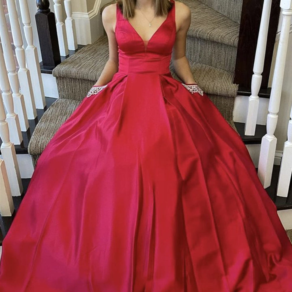 A Line V Neck Red Satin Long Prom Dresses with Pocket, V Neck Red Formal Dresses, Red Evening Dresses