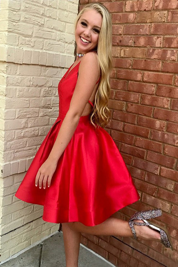 A Line V Neck Red Satin Short Homecoming Dress