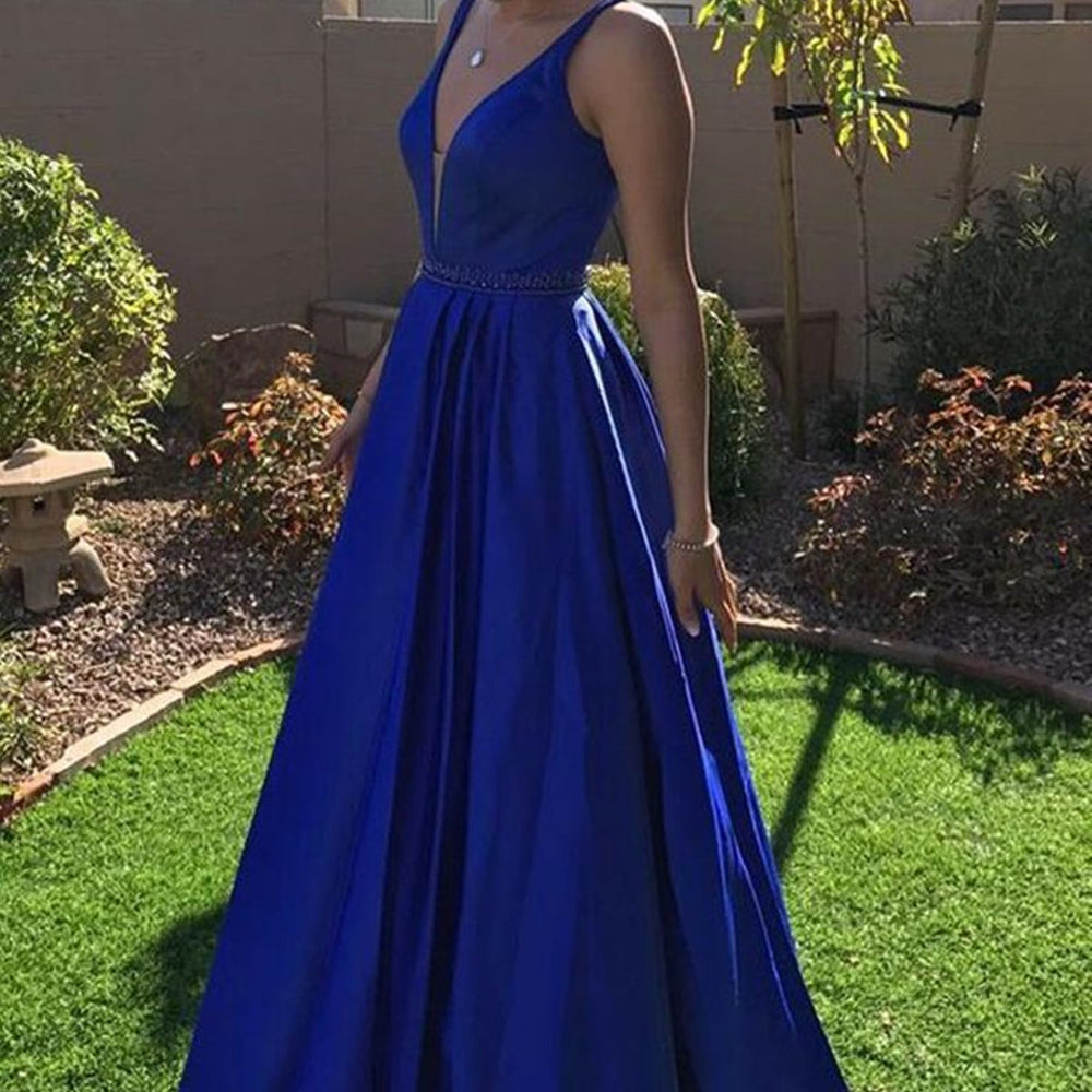 A Line V Neck Royal Blue Satin Long Prom Dresses, Long Royal Blue Formal Graduation Evening Dresses 