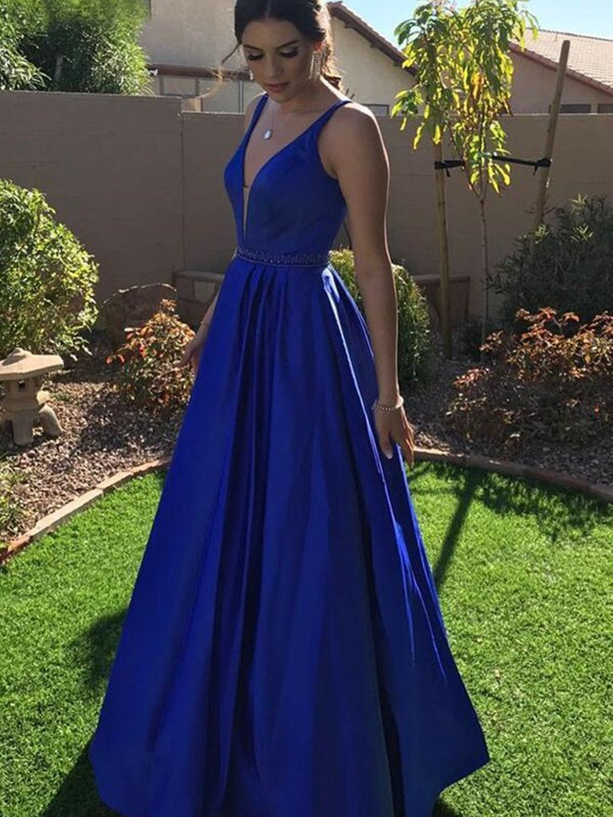 A Line V Neck Royal Blue Satin Long Prom Dresses, Long Royal Blue Formal Graduation Evening Dresses 