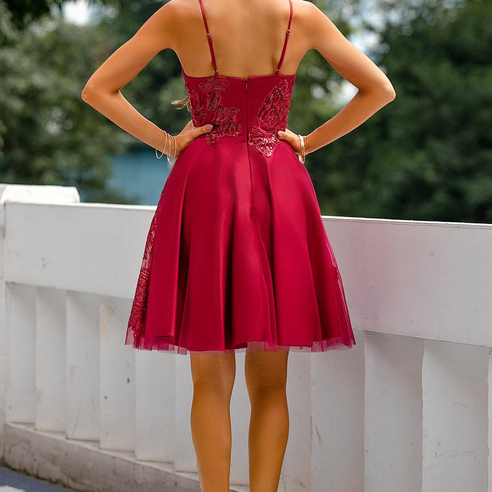 
                      
                        A Line V Neck Satin Homecoming Dress Appliques Short Party Dress
                      
                    