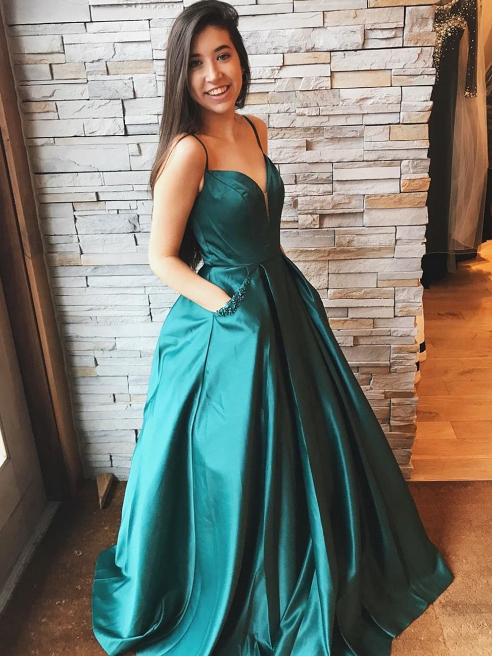 A Line V Neck Satin Long Emerald Green Prom Dresses with Pocket, V Neck Emerald Green Formal Dresses, Emerald Green Evening Dresses, Ball Gown