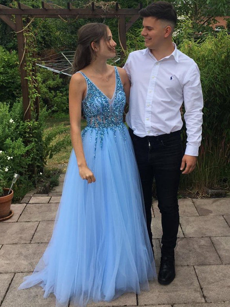 A Line V Neck Sequins Light Blue Prom Dresses, V Neck Blue Formal Dresses, Blue Evening Dresses