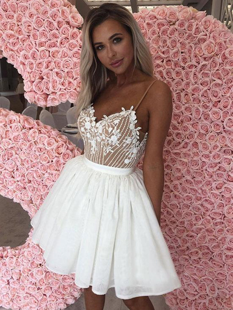 
                      
                        A Line V Neck Short White Lace Prom Dresses with Straps, White Lace Formal Graduation Evening Dresses
                      
                    