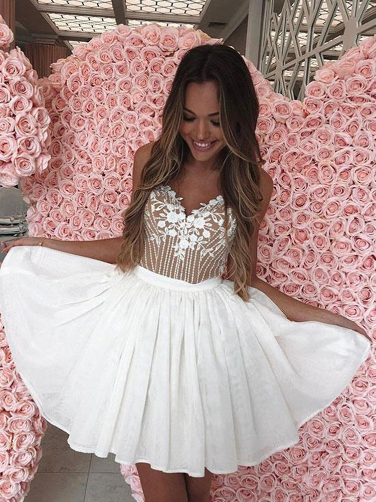 
                      
                        A Line V Neck Short White Lace Prom Dresses with Straps, White Lace Formal Graduation Evening Dresses
                      
                    