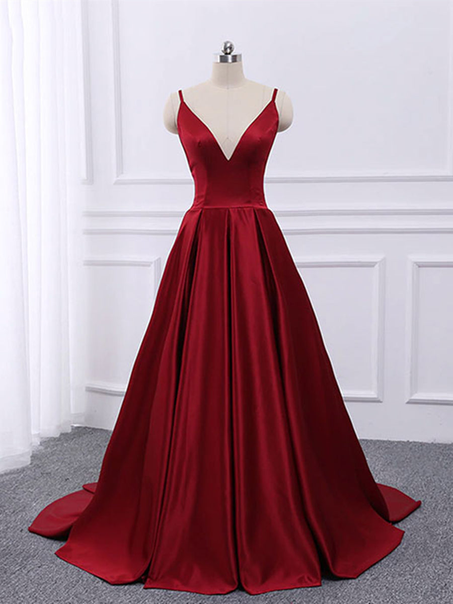 A Line V Neck tti Straps Backless Burgundy Satin Long Prom Dresses, V Neck Burgundy Formal Dresses, Burgundy Evening Dresses