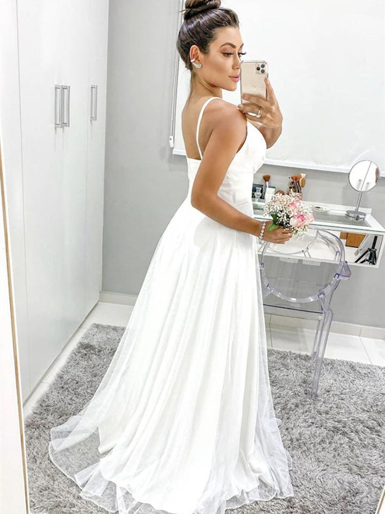 
                      
                        A Line V Neck tti Straps Backless White Prom Dresses, Backless White Formal Graduation Evening Dresses
                      
                    