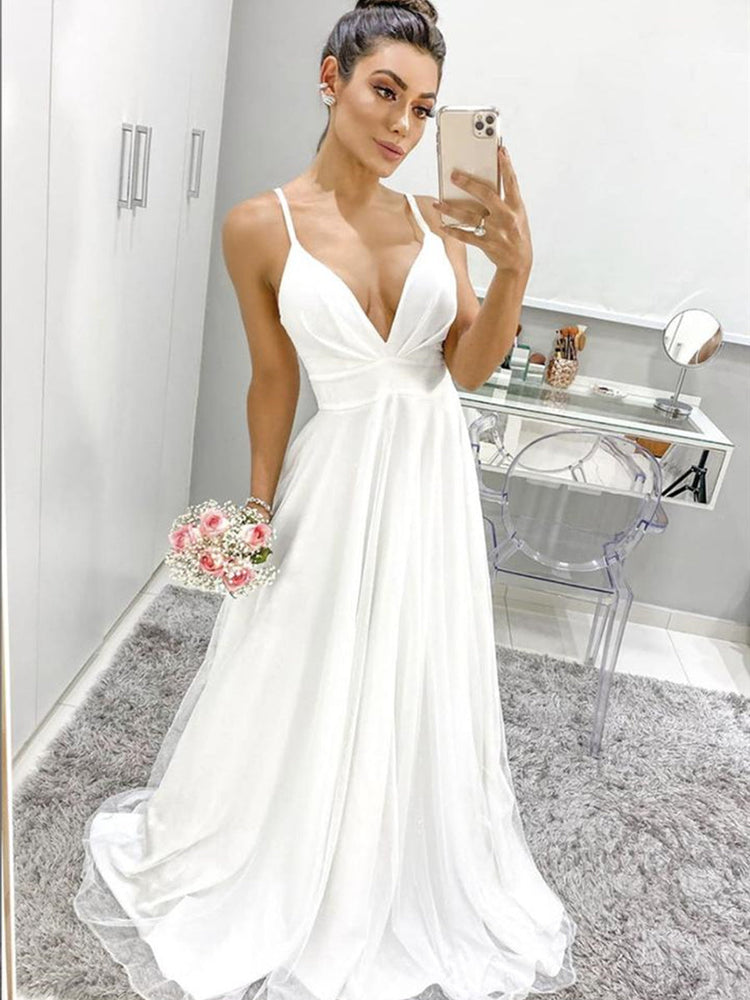 A Line V Neck tti Straps Backless White Prom Dresses, Backless White Formal Graduation Evening Dresses