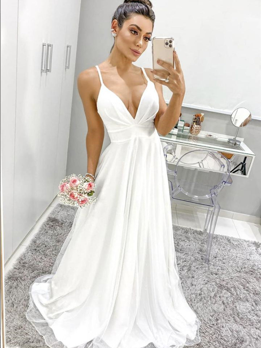 A Line V Neck tti Straps Backless White Prom Dresses, Backless White Formal Graduation Evening Dresses