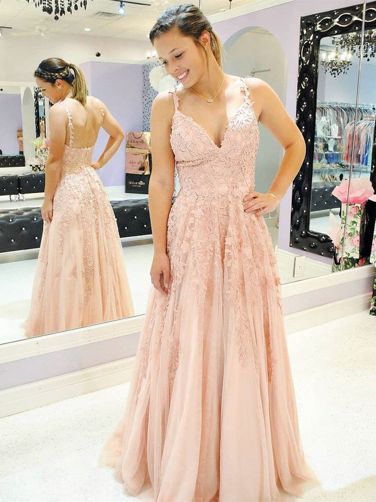 A Line V Neck tti Straps Lace Appliques Pink Prom Dresses, V Neck Lace Pink Formal Dresses, Pink Evening Dresses