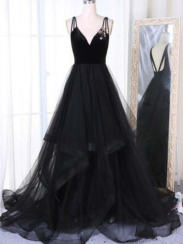 
                      
                        A Line V Neck Tulle Black Ball Gown, Black Prom Dresses, Black Formal Dresses
                      
                    