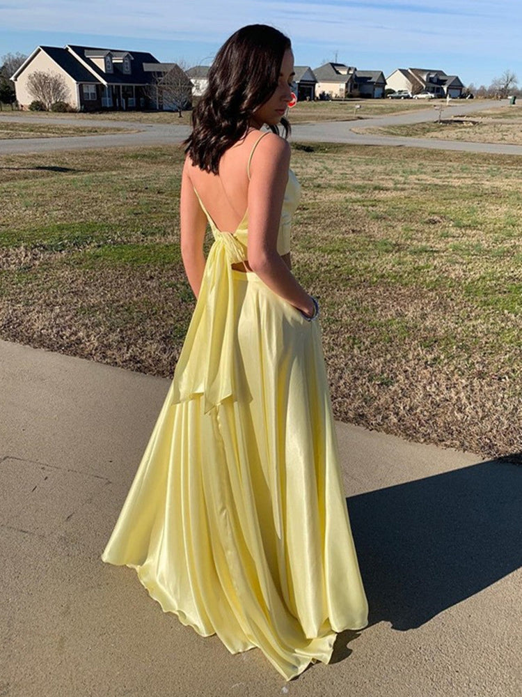 
                      
                        A Line V Neck Two Pieces Backless Royal Blue/Yellow Prom Dresses with High Slit, Two Pieces Royal Blue Formal Dresses, Backless Evening Dresses
                      
                    