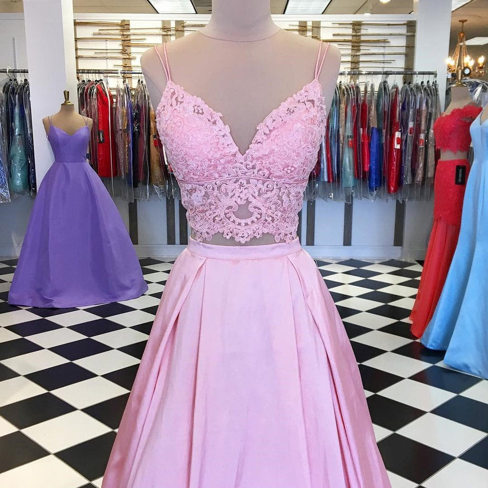 
                      
                        A Line V Neck Two Pieces Lace Top Pink Satin Long Prom Dresses, Pink Two Pieces Lace Formal Graduation Evening Dresses
                      
                    