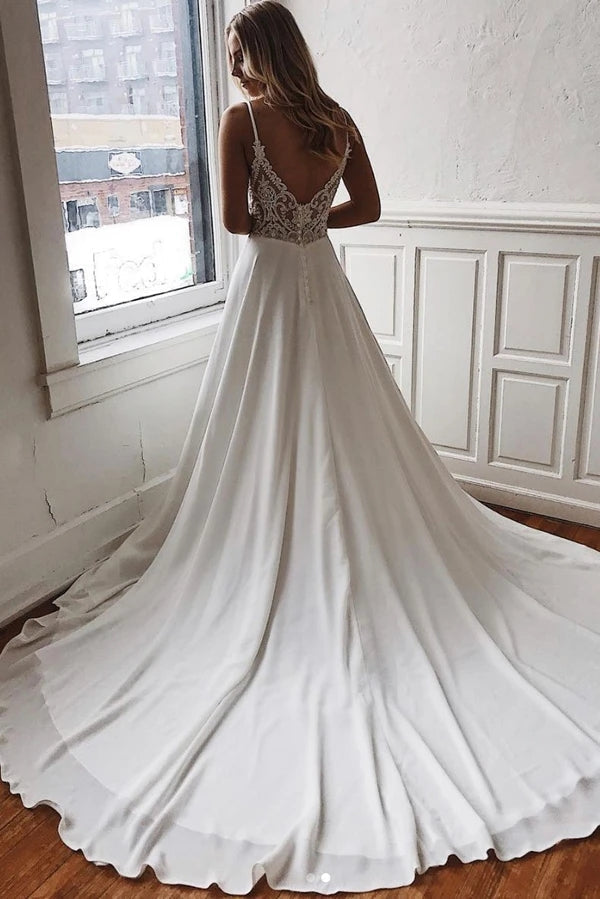 
                      
                        A Line V Neck White Chiffon Lace Back Wedding Dress
                      
                    