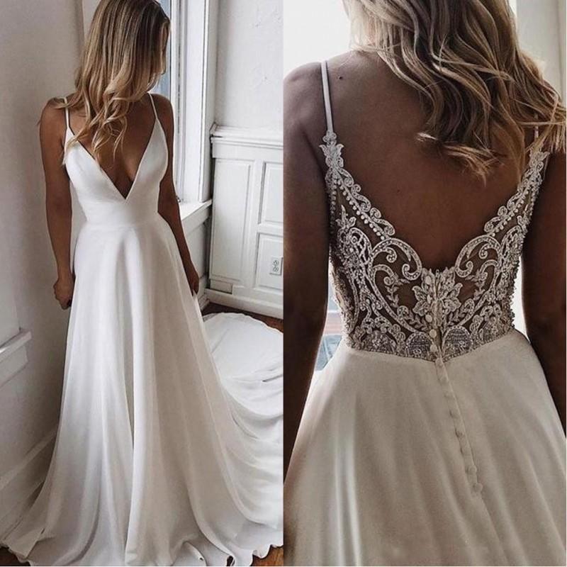 
                      
                        A Line V Neck White Chiffon Lace Back Wedding Dress
                      
                    