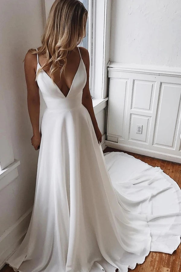 A Line V Neck White Chiffon Lace Back Wedding Dress