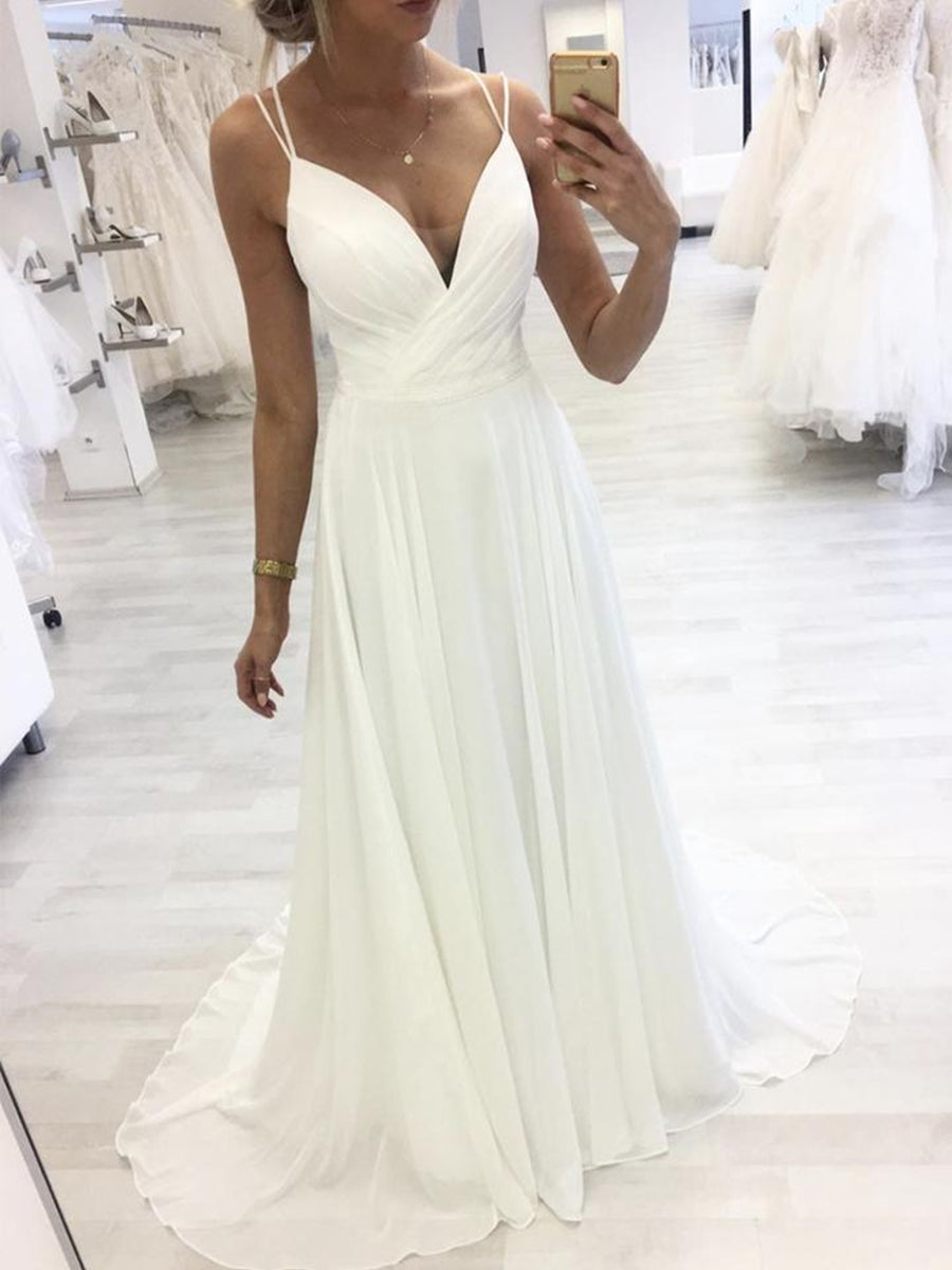 A Line V Neck White Chiffon Long Prom Dresses with Straps, V Neck White Formal Graduation Evening Dresses