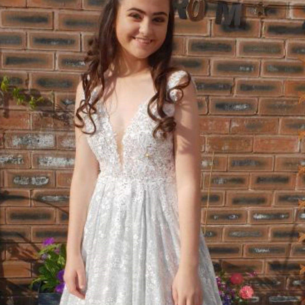 
                      
                        A Line V Neck White Lace Long Prom Dresses, White Lace Formal Dresses, White Evening Dresses 
                      
                    