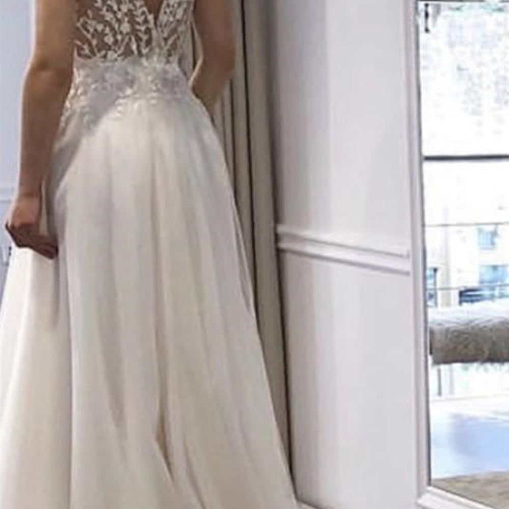 
                      
                        A Line V Neck White Lace Long Prom Dresses, White Lace Wedding Dresses, White Formal Evening Dresses 
                      
                    