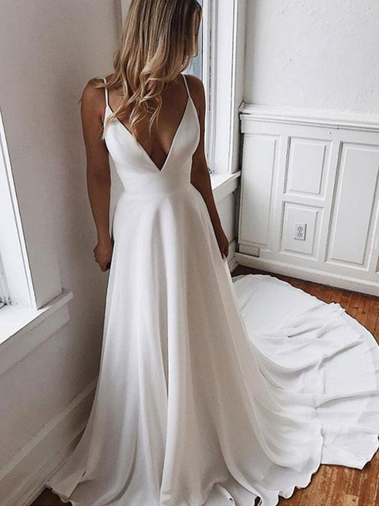 A Line V Neck White Wedding with Sweep Train, White V Neck Long Prom, White Formal Evening