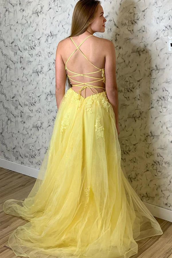 
                      
                        A Line Yellow Tulle Spaghetti Straps Long Prom Dress With Appliques
                      
                    