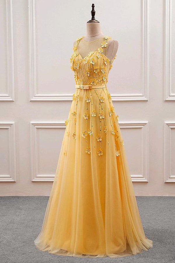 
                      
                        A-Line  Yellow Tulle Long Prom Dress With 3D Flowers
                      
                    