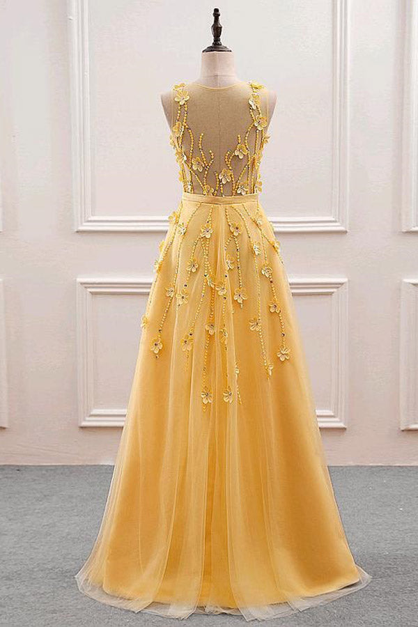 
                      
                        A-Line  Yellow Tulle Long Prom Dress With 3D Flowers
                      
                    