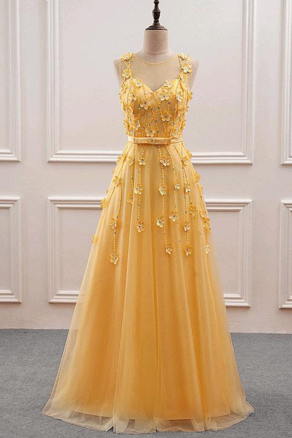 
                      
                        A-Line  Yellow Tulle Long Prom Dress With 3D Flowers
                      
                    