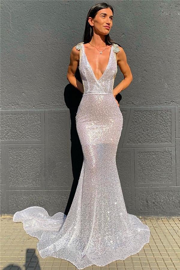 Deep V-Neck Sequins Mermaid Prom Dress with Open Back