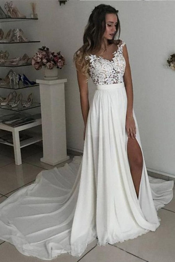 A-Line V-Neck Long Wedding Dress with Chiffon Lace and Slit