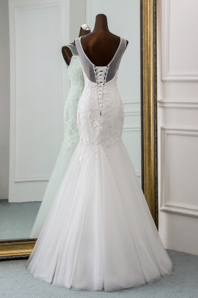 
                      
                        Jewel Neck Backless Long Mermaid Wedding Dress with Tulle Lace
                      
                    