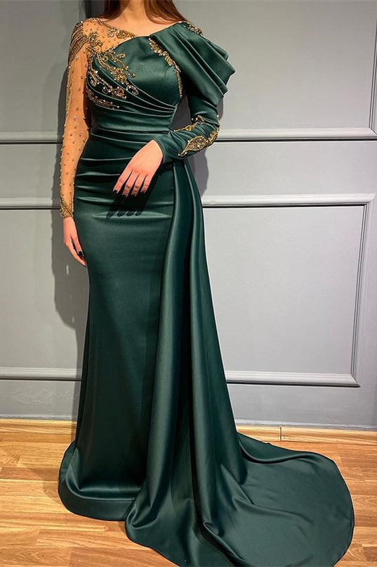 Dark Green Long Sleeves Mermaid Evening Dress with Beads Appliques