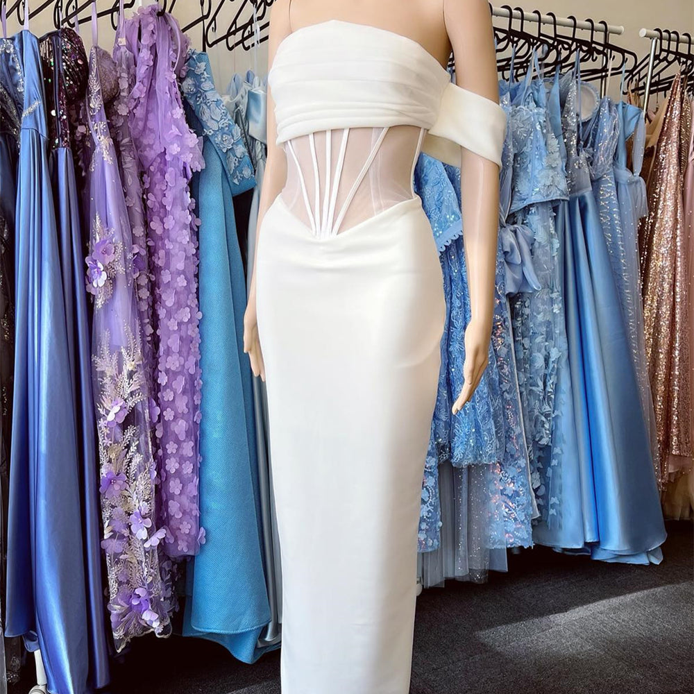 White Off-the-Shoulder Strapless Pleated Mermaid Prom Dress