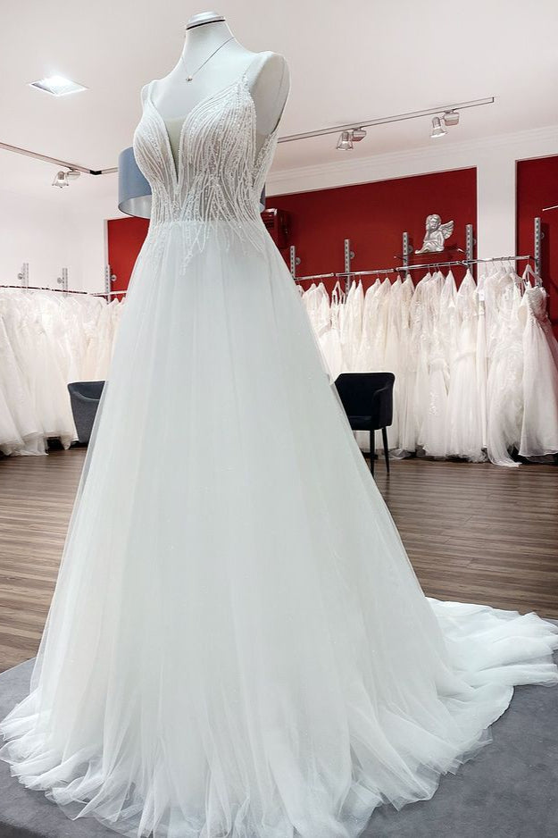 
                      
                        V-Neck Sleeveless Long A-Line Wedding Dress with Sequins, Ruffles, and Open Back Tulle
                      
                    