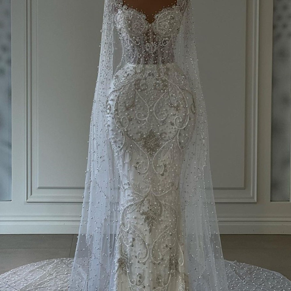 Long Sleeve White Wedding Dress with Beading on Tulle 