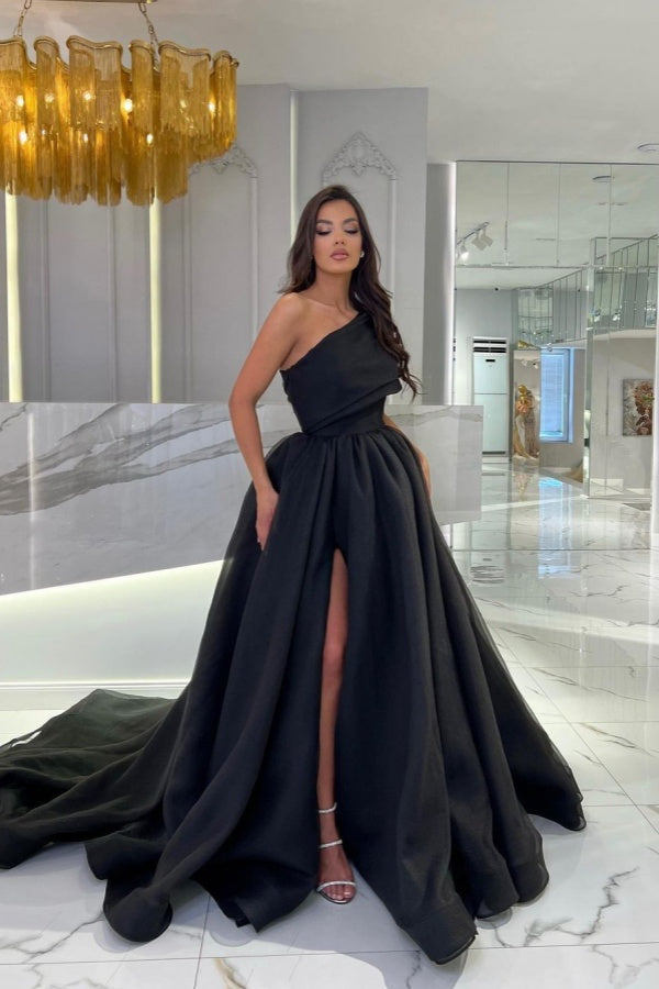 Black A-Line Prom Dress One Shoulder Long Sleeveless with Split