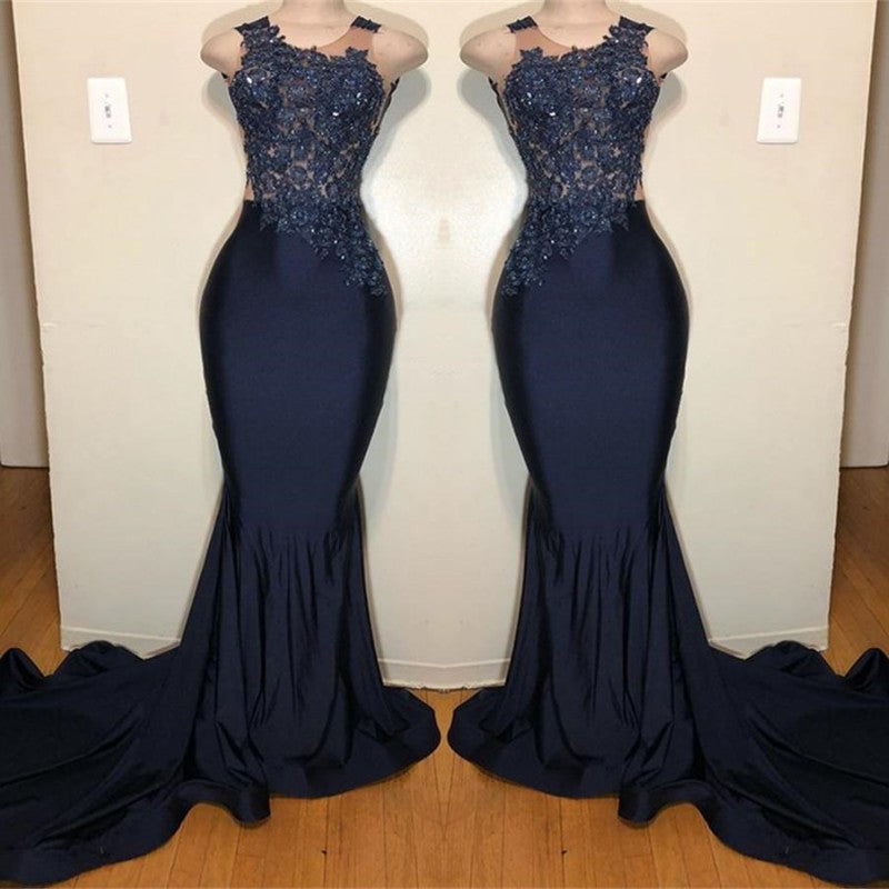 
                      
                        Dark Blue Appliqued Sleeveless Mermaid Prom Dress
                      
                    