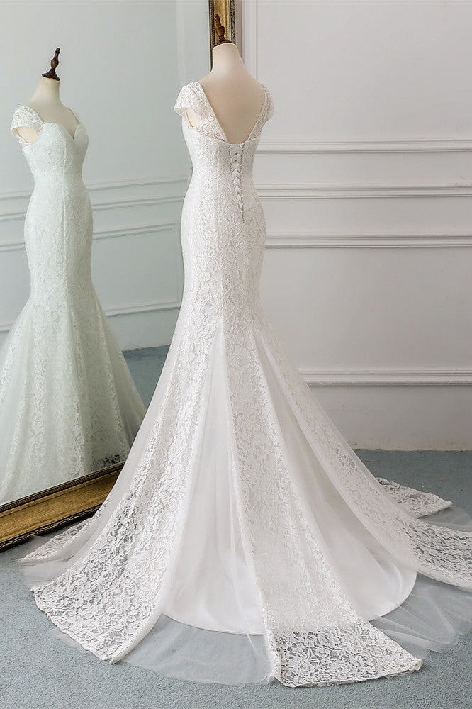 
                      
                        Sweetheart Lace Long Mermaid Wedding Dress with Cap Sleeves
                      
                    