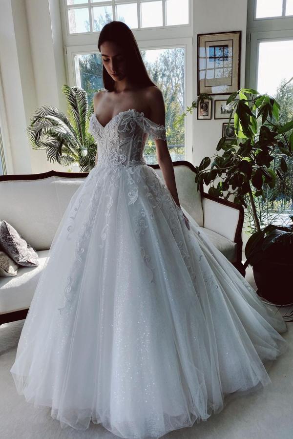 Charming Long A-Line Off-the-Shoulder Tulle Wedding Dress