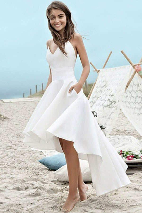 Simple V-Neck Spaghetti Strap A-Line Hi-Lo Wedding Dress with Pockets